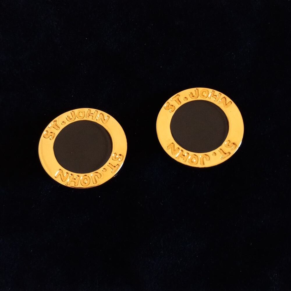 ST JOHN Vintage Logo Gold- Tone And Black Enamel Open Circle Earrings